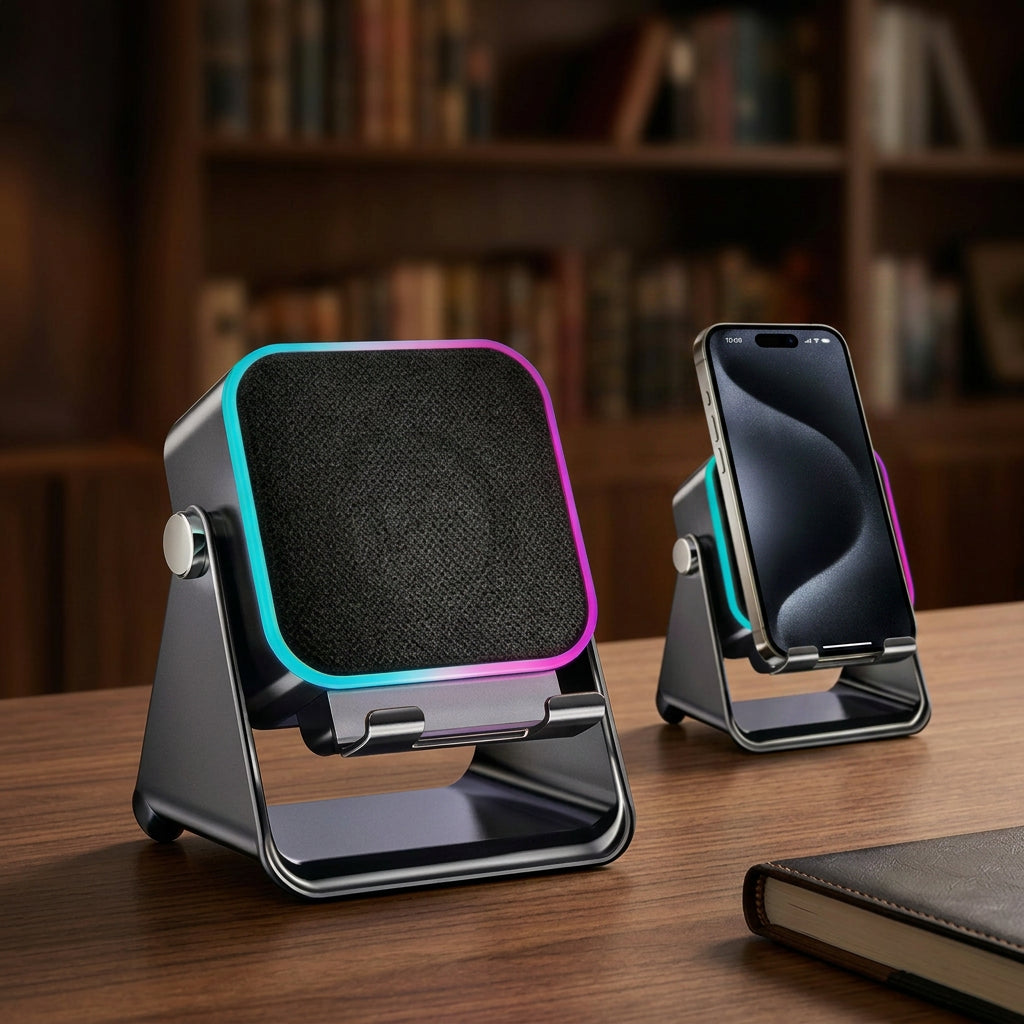 BoomGlow speaker stand on desk lifestyle shot